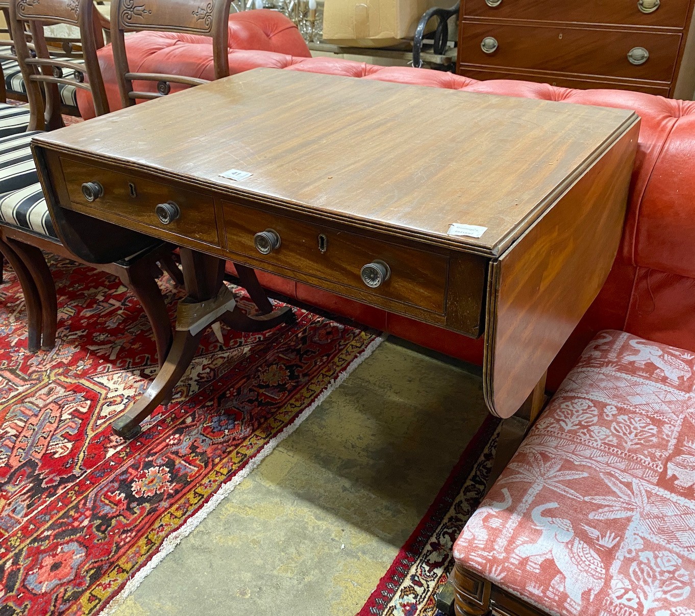 A Regency style mahogany sofa table, width 85cm, depth 61cm, height 72cm